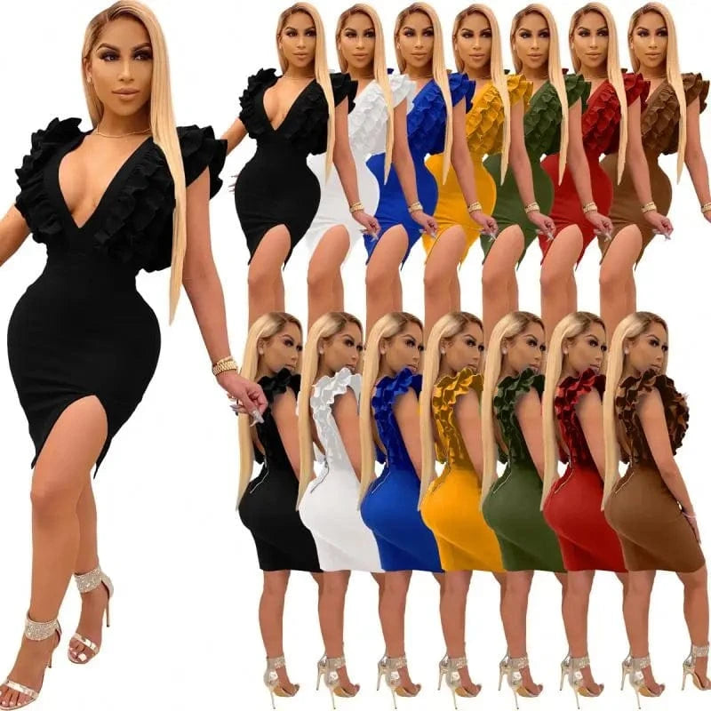 YP 2024 New Arrivals Patchwork Ruffles Backless Dress Solid Split Mini Dress For Women Sleeveless V Neck Dress