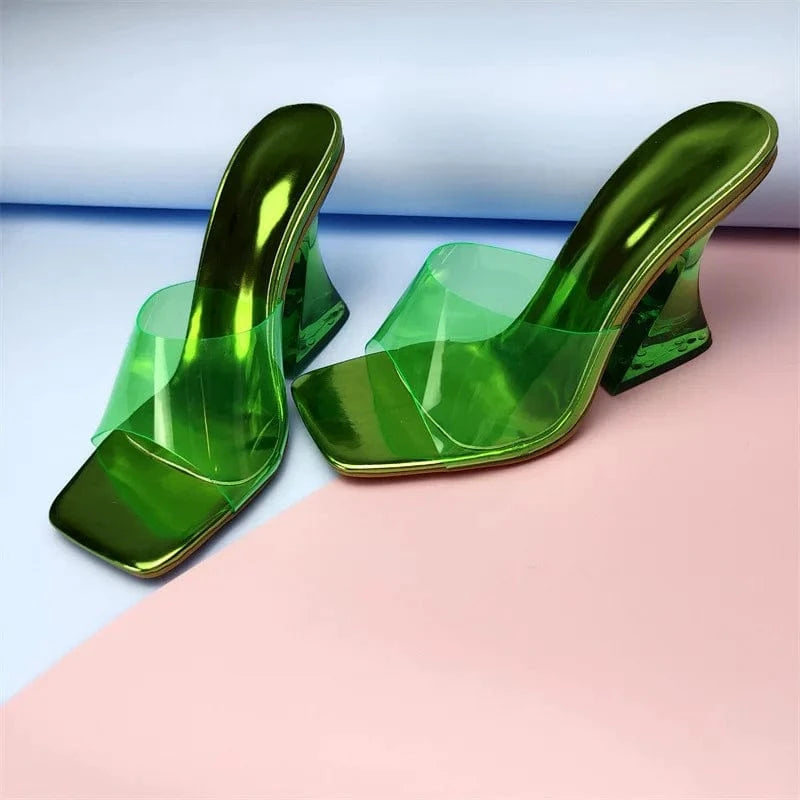YQY0262 Fashion Color Crystal High Heeled Sandals Transparent Heel Color Square Shoes PVC Ladies Slippers Heels For Women