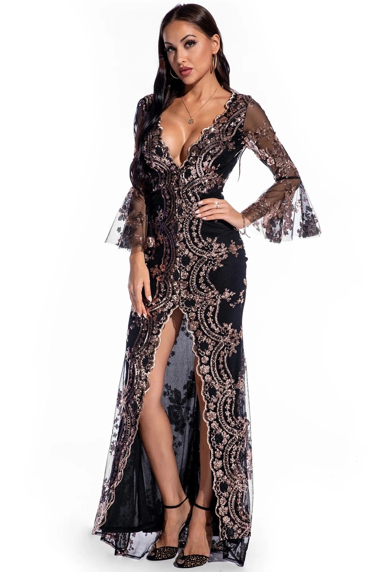 YQY19055 Dropshipping Luxury Backless V-neck Sequin Slit Party Dress Formal Dresses Evening Elegant Summer Prom Dresses 2022