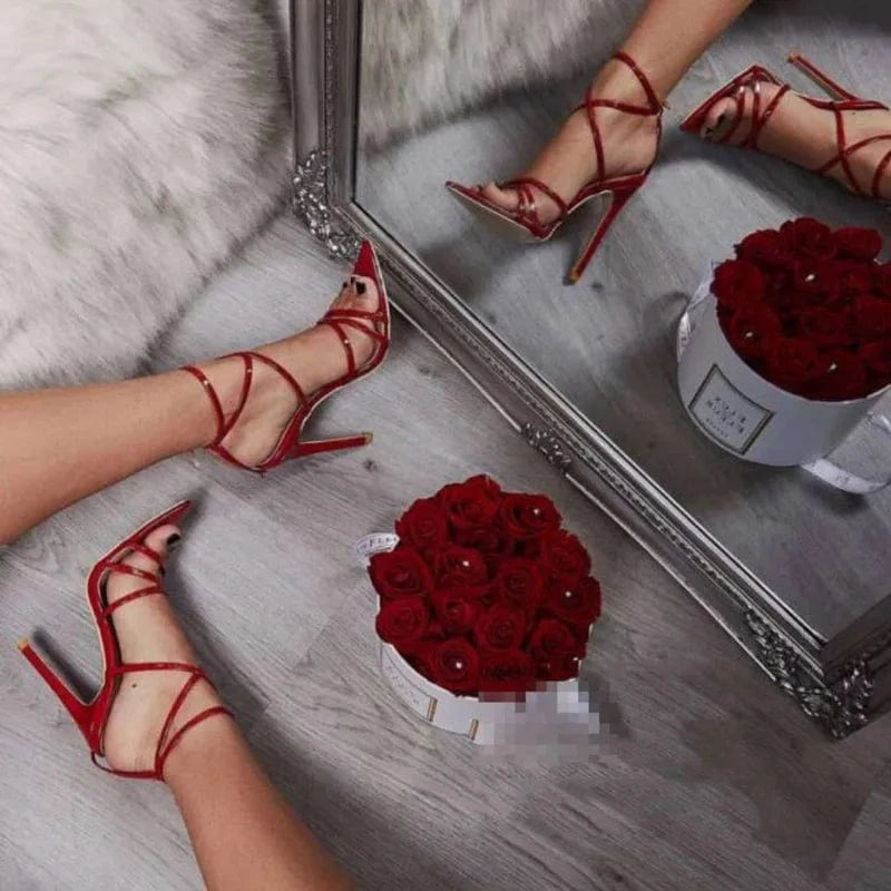 YQY4711 Sexy Party Pointed Fish Mouth Cross Stiletto Shoes Yellow High Heel Sandals Ladies Genuine Leather Heel Shoes For Women