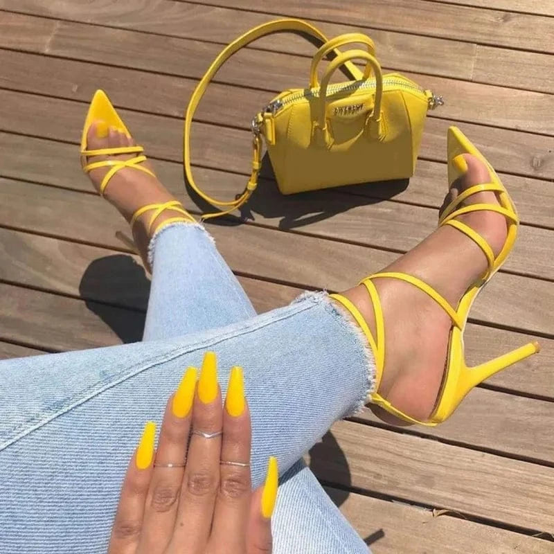 YQY4711 Sexy Party Pointed Fish Mouth Cross Stiletto Shoes Yellow High Heel Sandals Ladies Genuine Leather Heel Shoes For Women
