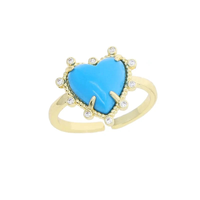 YR06-G-Ring-open size 2023 Fashion Fine Women Girl Gift Jewelry Set Micro Pave 5A CZ Prong Setting Heart Shape Turquoise Necklace