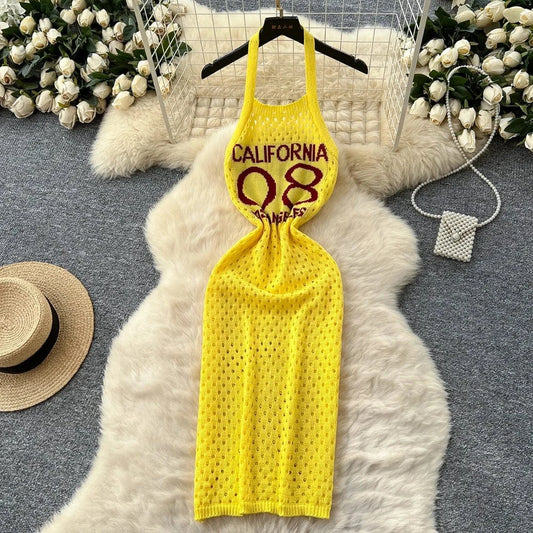 YuooMuoo Women Dress 2025 Summer Ins Hot Letter Print Halter Knitted Beach Dress Chic Fashion Sexy Wrap Hip Streetwear Vestidos