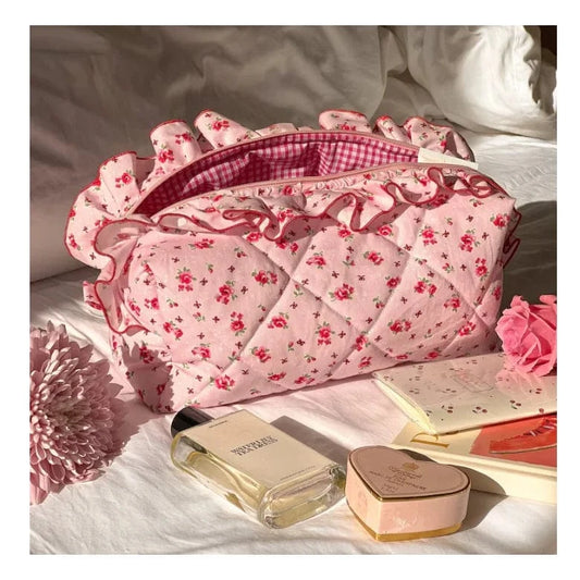 YY Handmade Makeup Bag Frilly Pink Floral Bow Pattern With Pink Gingham Lining Quilted  Toiletry Travel cosmetic Skincare Bag.