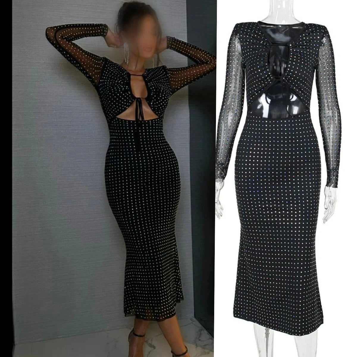 YY23579 2024 Autumn New Sexy Hollow Out Lace Slim Fit Sequin Women Long Dress