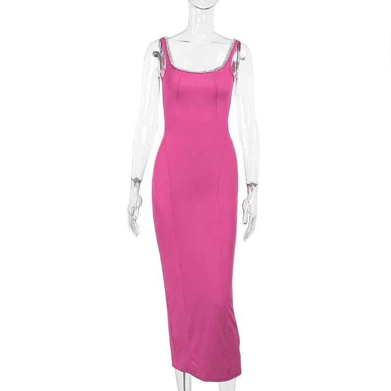YY24095PFO Elegant Diamond Stretch Sleeveless Pink Slim Dress Female Street Shirring Maxi Dress Women