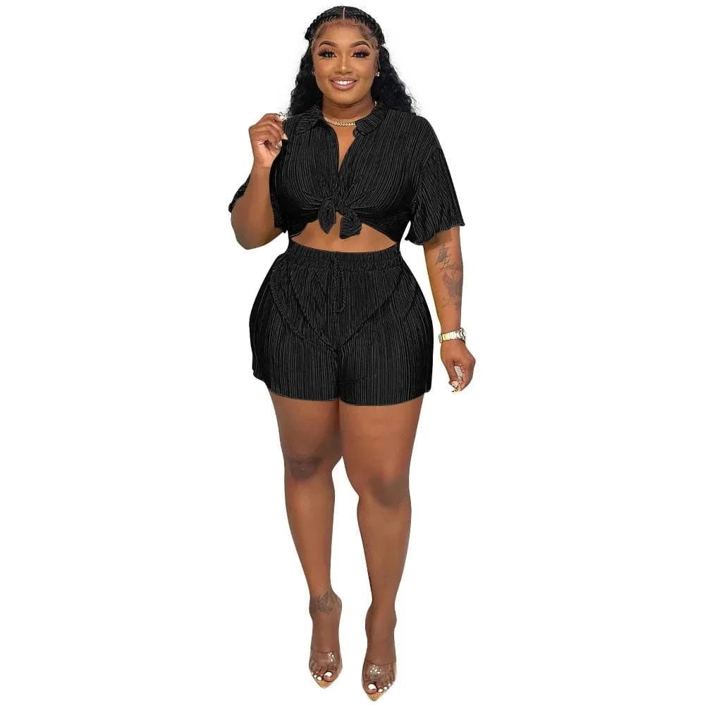 Z140353 2024 spring summer black womens t-shirt and shorts sets Casual Wrinkle 2 piece short shirt set with button