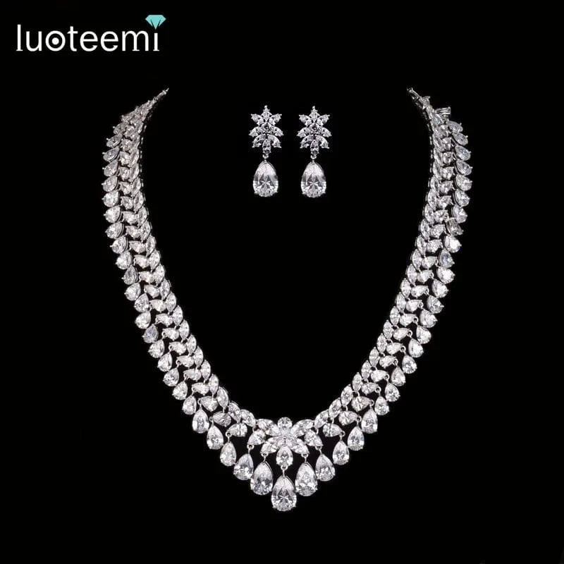 Z15073140 LUOTEEMI New Luxury Princess Clear Sparkling Crystal CZ Diamond Statement Necklace For Women Wedding Jewelry Set