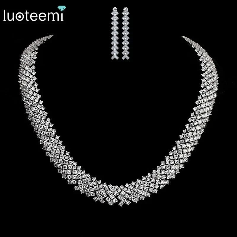 Z16070708 LUOTEEM New Free Shipping Gorgeous Zircon Bridal Jewelry Sets Wedding Jewelry Accessories Necklace Earrings for Women Party