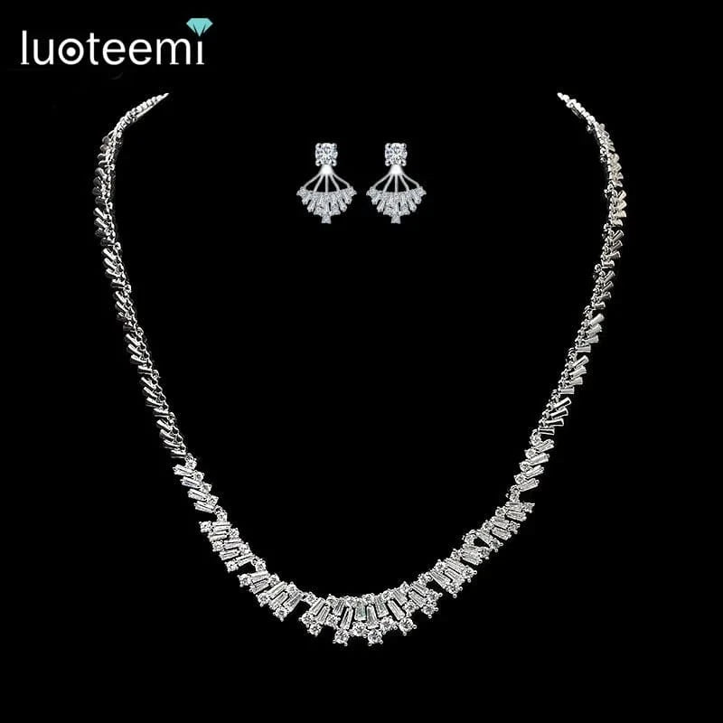 Z16072319 LUOTEEMI New Cubic Zirconia Wedding Bridal Silver CZ Rhinestone Girls Necklace Earring Jewelry Sets