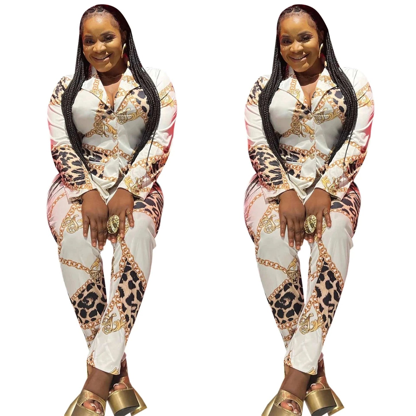 Z167061 Clothes 2024 spring women long sleeve 2 piece sets outfits chain print blazer and pants set for women