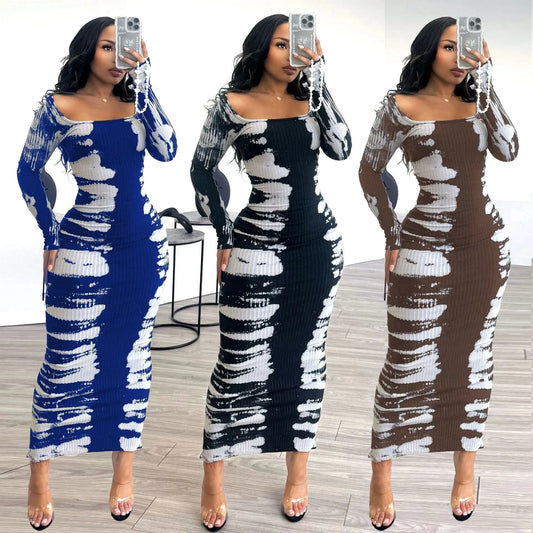 Z178466 2024 women long sleeve Stretch Back Sip Print Skinny dress plus size boho chic dress