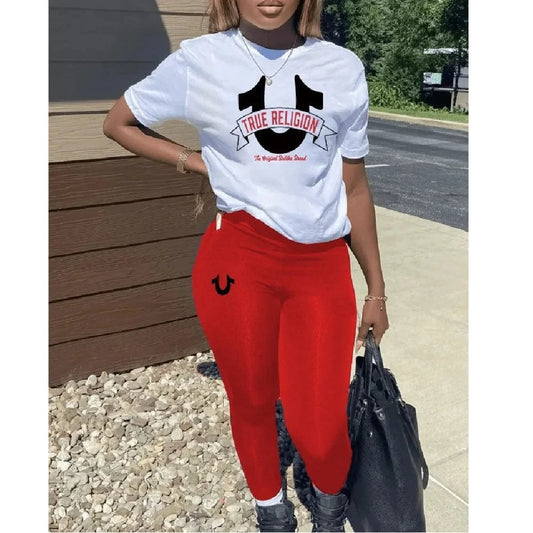Z179795 2024 summer hot Casual red white ture religion Letter Print Plaid two piece short tshirt set long pants for women