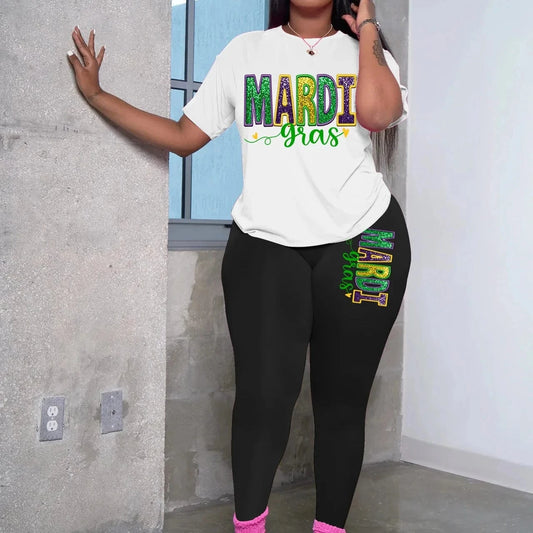 Z182578 2024 custom logo Summer Casual print T-shirt long pant mardi gras 2024 print long two-piece shirt and pants for women