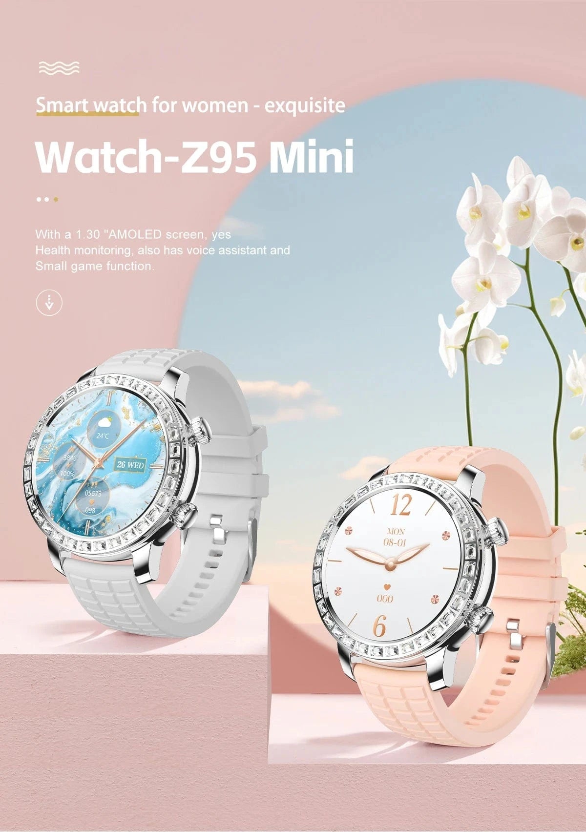 Z95 Mini Women Smart Watch 1.3inch AMOLED Large Screen Bluetooth Call Fashion Lady Wristwatch Sport Fitness Tracker Smartwatch