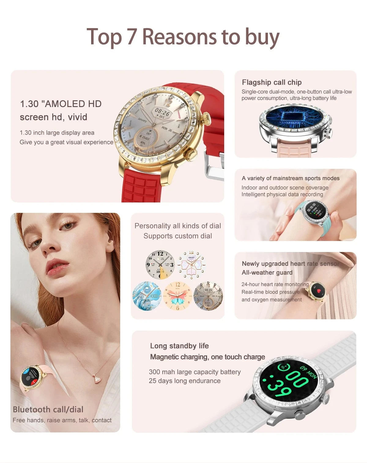 Z95 Mini Women Smart Watch 1.3inch AMOLED Large Screen Bluetooth Call Fashion Lady Wristwatch Sport Fitness Tracker Smartwatch