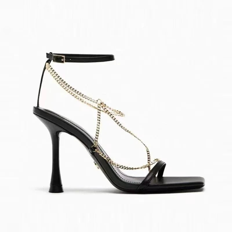 ZA women shoes 2023 Summer New French Stiletto Black Chain Buckle Strap Block Heels Sandals Women Casual Sandals