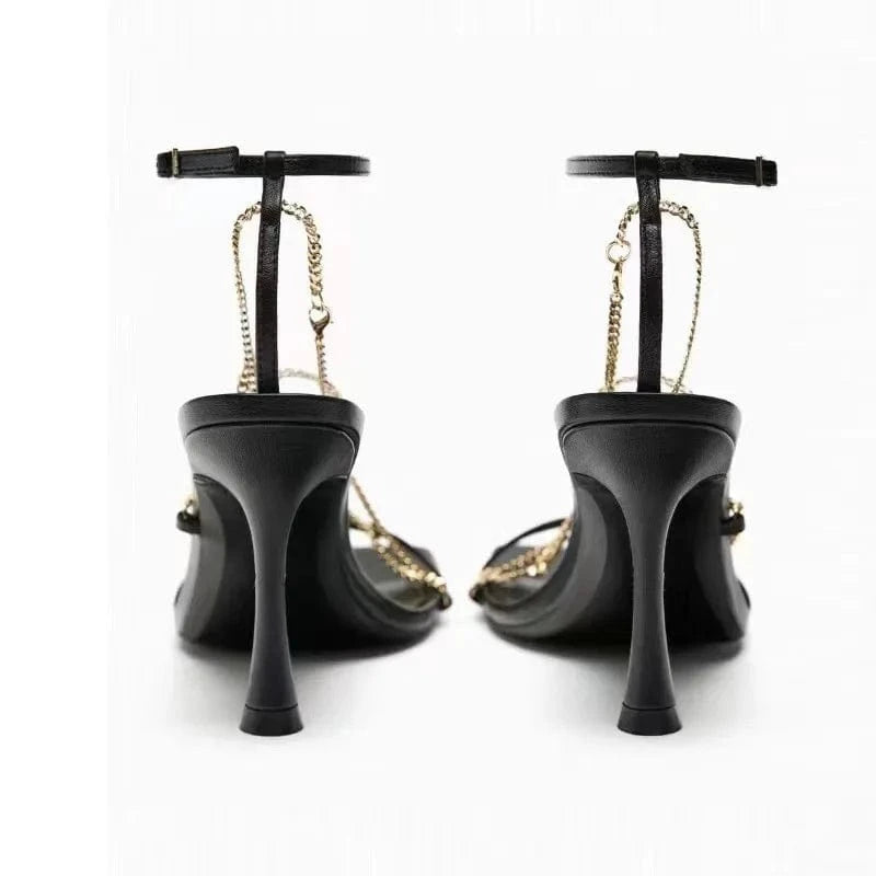 ZA women shoes 2023 Summer New French Stiletto Black Chain Buckle Strap Block Heels Sandals Women Casual Sandals