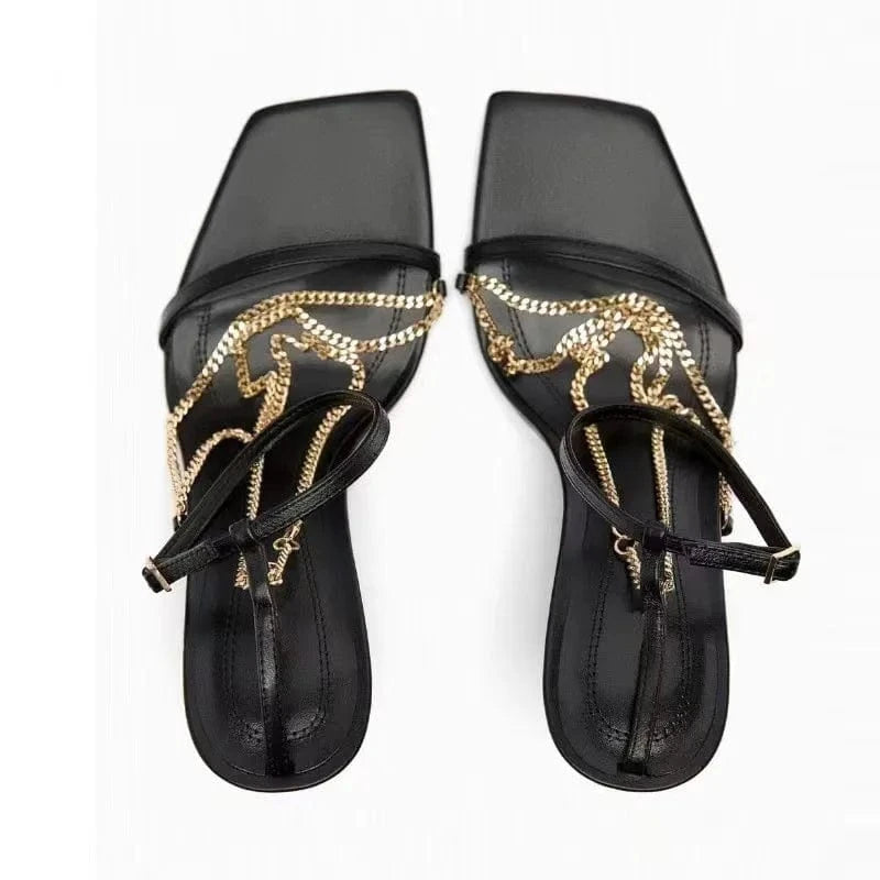 ZA women shoes 2023 Summer New French Stiletto Black Chain Buckle Strap Block Heels Sandals Women Casual Sandals