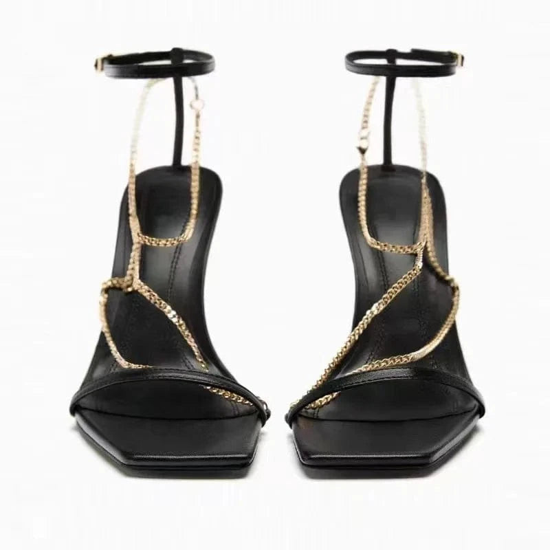 ZA women shoes 2023 Summer New French Stiletto Black Chain Buckle Strap Block Heels Sandals Women Casual Sandals