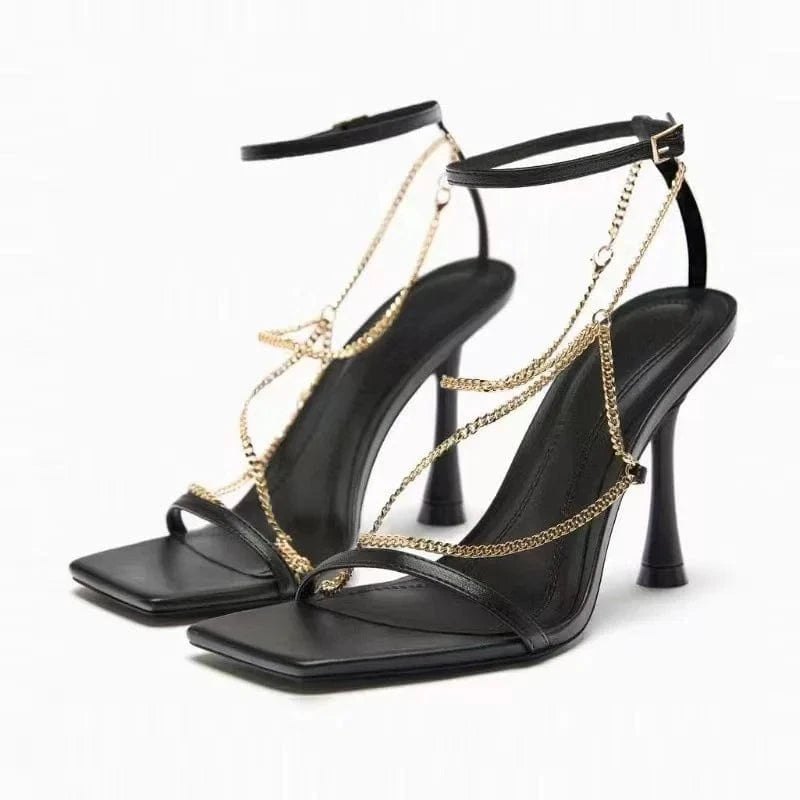 ZA women shoes 2023 Summer New French Stiletto Black Chain Buckle Strap Block Heels Sandals Women Casual Sandals