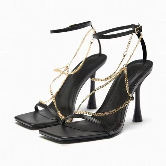 ZA women shoes 2023 Summer New French Stiletto Black Chain Buckle Strap Block Heels Sandals Women Casual Sandals