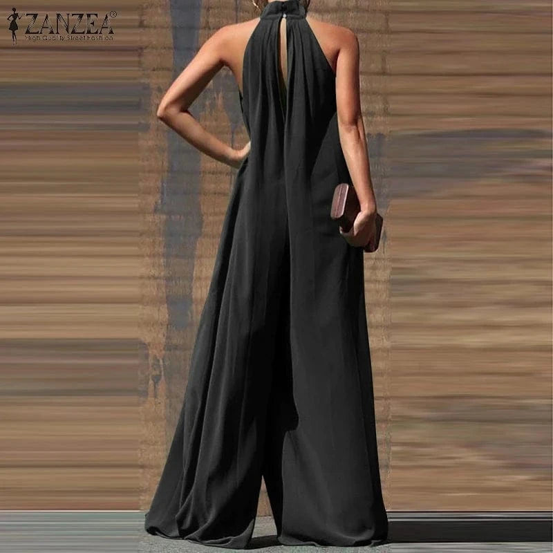 ZANZEA 2024 Summer Women Party Elegant Jumpsuits Wide Leg Rompers Solid Color Wide Leg Playsuits Holiday Chic Sleeveless Overall