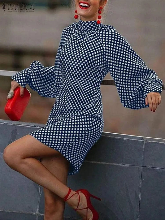 ZANZEA Bohemian Printed Vestidos 2024 Women Turtleneck Dresses Casual Zipper Mini Sundress Fashion Lantern Long Sleeve Robe