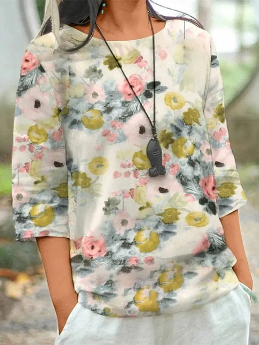 ZANZEA Women Cotton Linen Blouses 2024 Summer Bohemian Floral Printed Blusas Fashion 3/4 Sleeve O-Neck Top Casual Loose Shirts