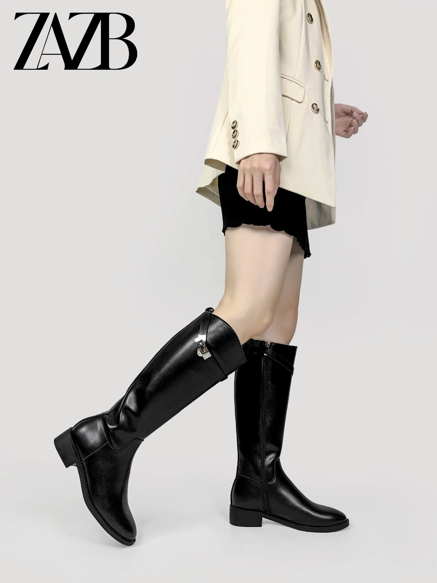 ZAZB Autumn and Winter High Leg Knee Boots High Heel Leather Unique Gold Buckle Black Knight Boots