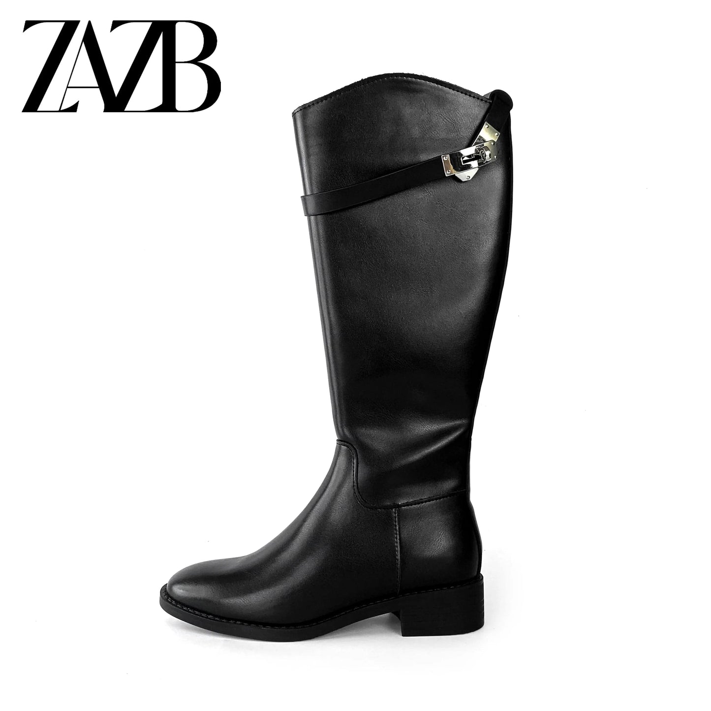 ZAZB Autumn and Winter High Leg Knee Boots High Heel Leather Unique Gold Buckle Black Knight Boots