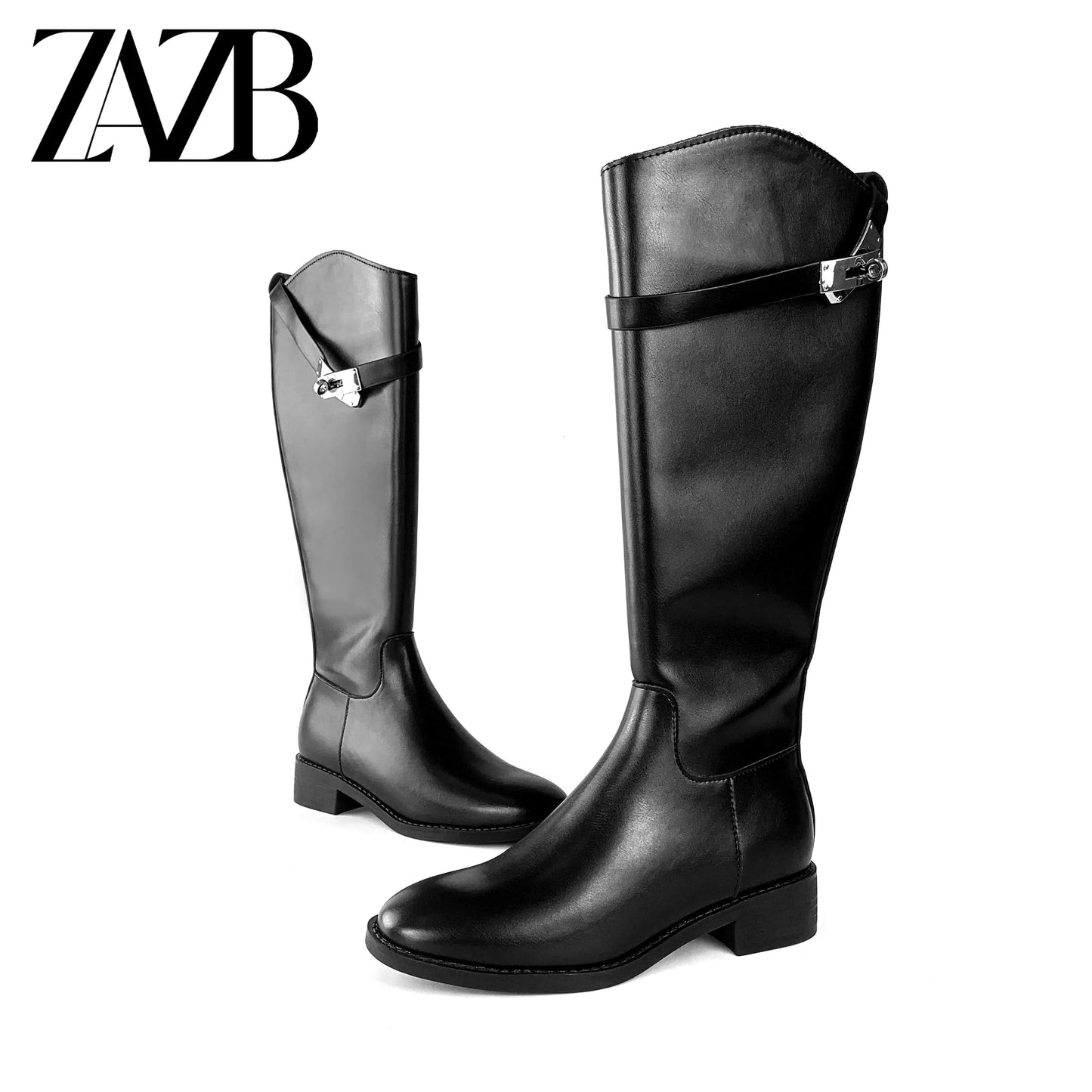 ZAZB Autumn and Winter High Leg Knee Boots High Heel Leather Unique Gold Buckle Black Knight Boots