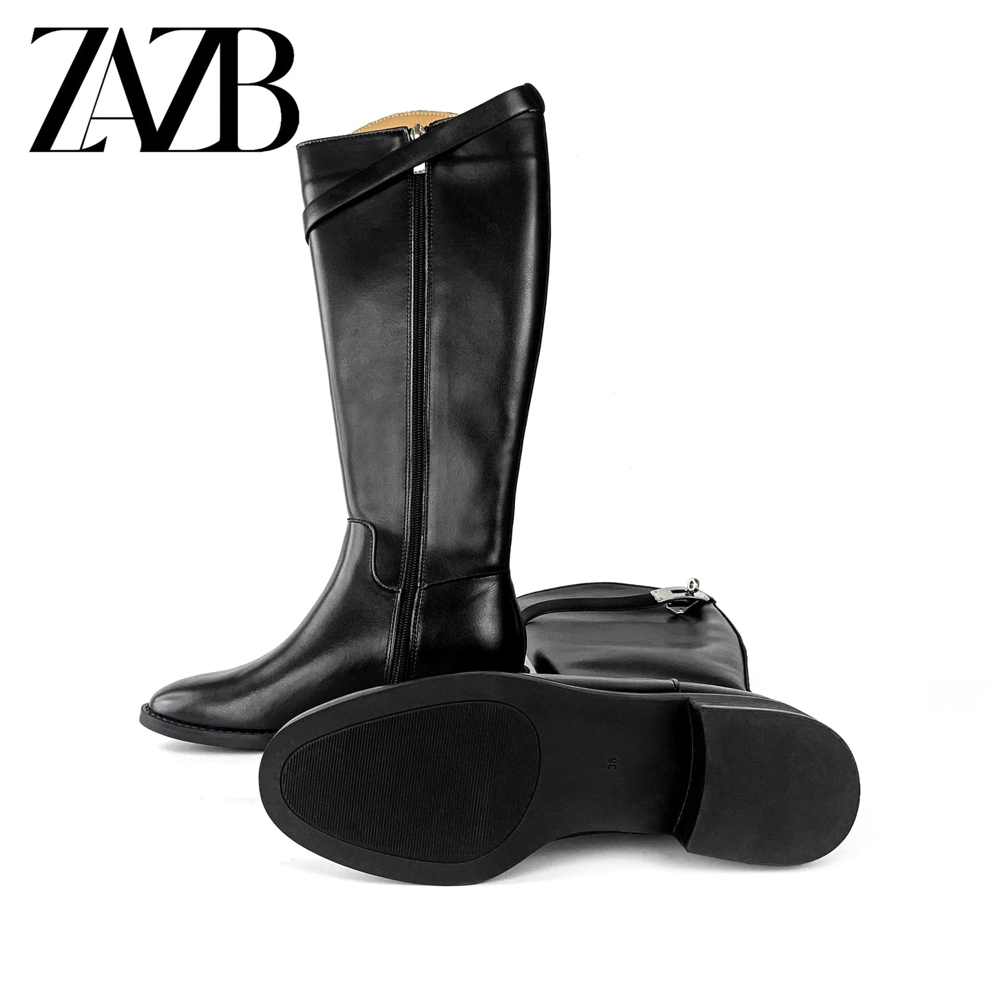 ZAZB Autumn and Winter High Leg Knee Boots High Heel Leather Unique Gold Buckle Black Knight Boots