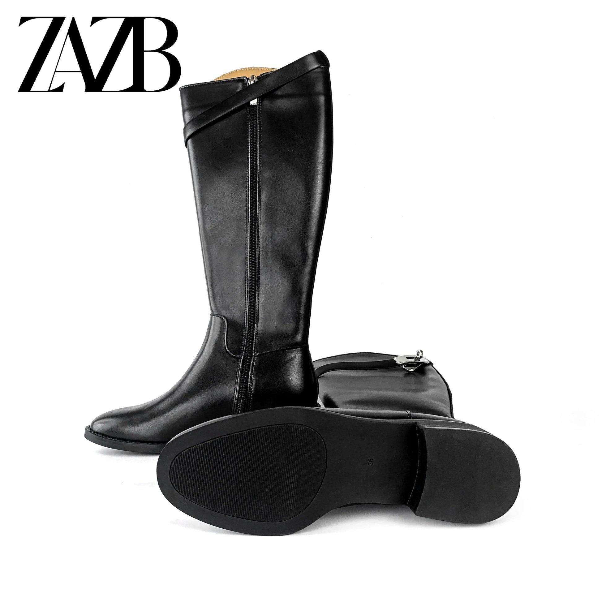 ZAZB Autumn and Winter High Leg Knee Boots High Heel Leather Unique Gold Buckle Black Knight Boots