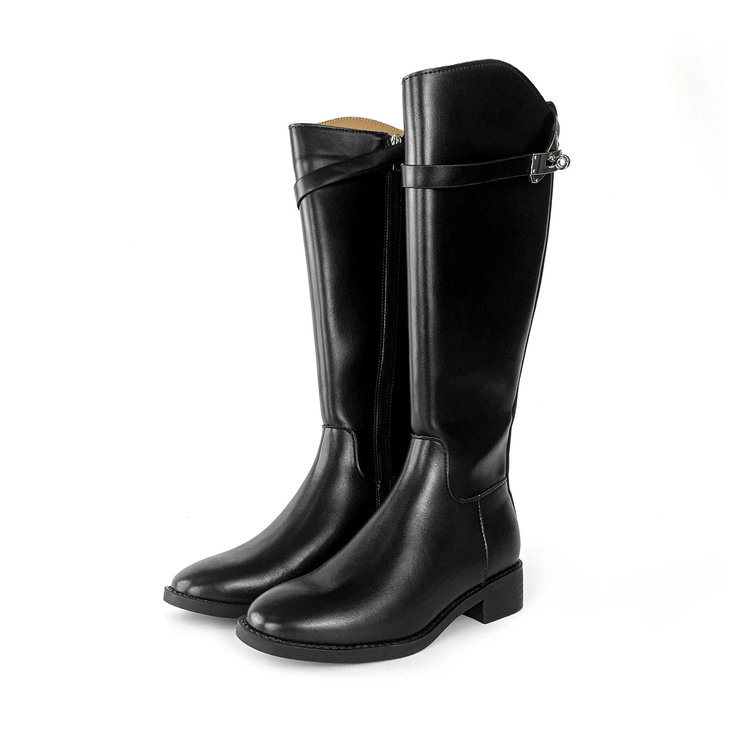 ZAZB Autumn and Winter High Leg Knee Boots High Heel Leather Unique Gold Buckle Black Knight Boots