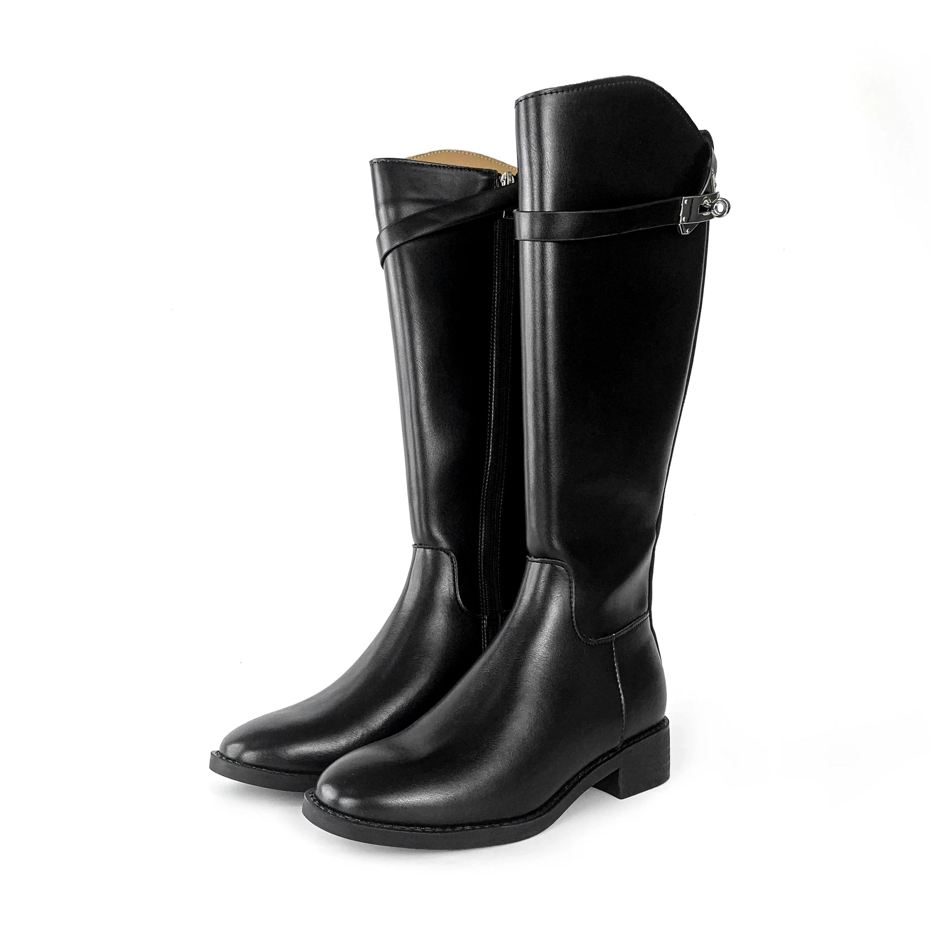ZAZB Autumn and Winter High Leg Knee Boots High Heel Leather Unique Gold Buckle Black Knight Boots