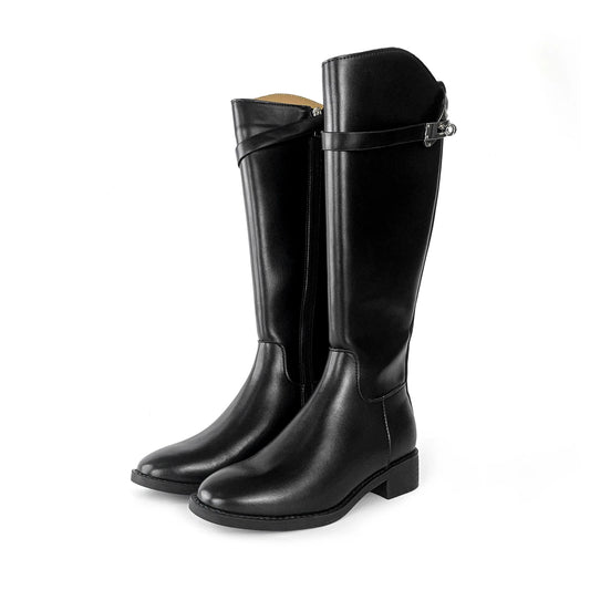 ZAZB Autumn and Winter High Leg Knee Boots High Heel Leather Unique Gold Buckle Black Knight Boots