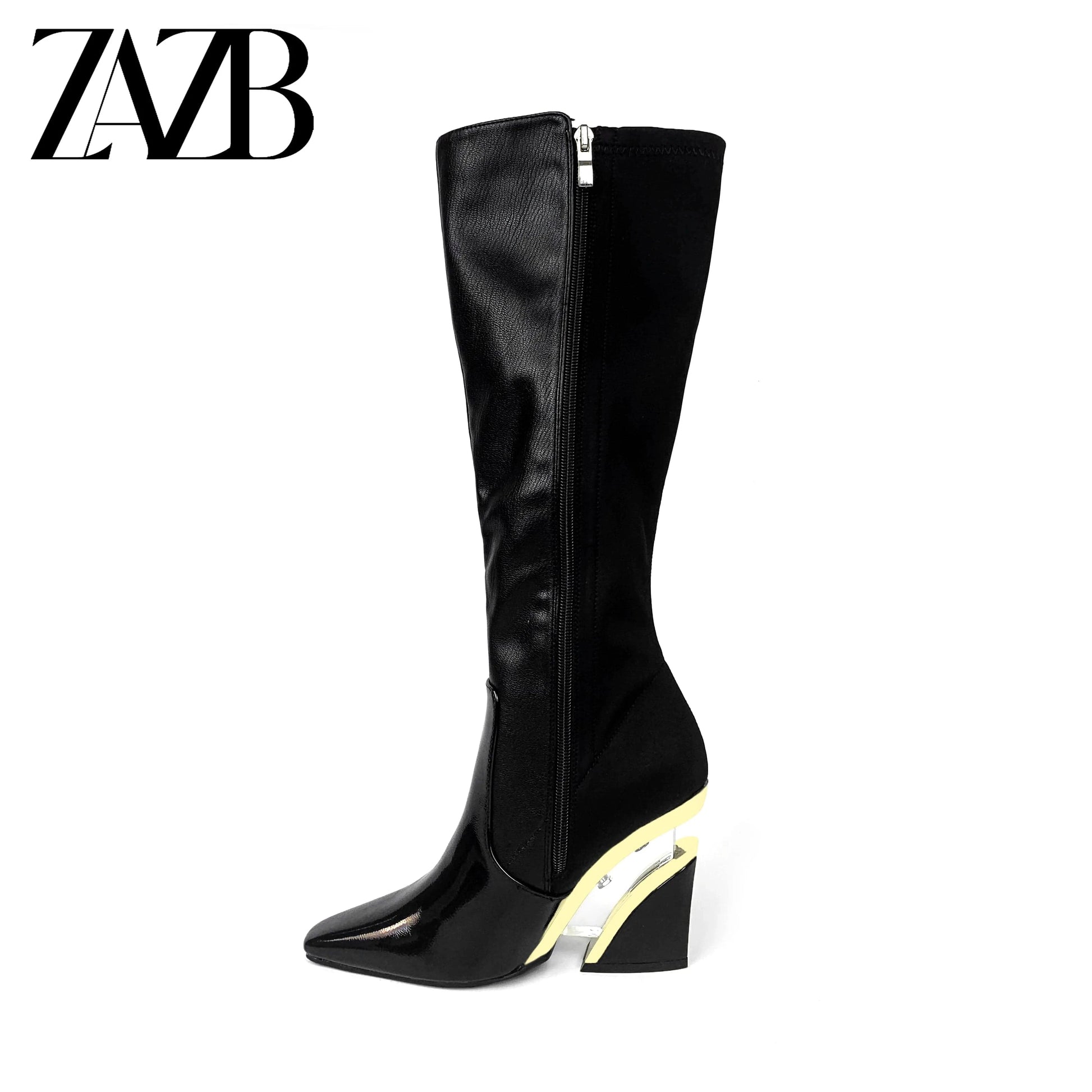 ZAZB Autumn and Winter High Leg Knee Boots High Heel Leather Unique Heel Black Knight Boots