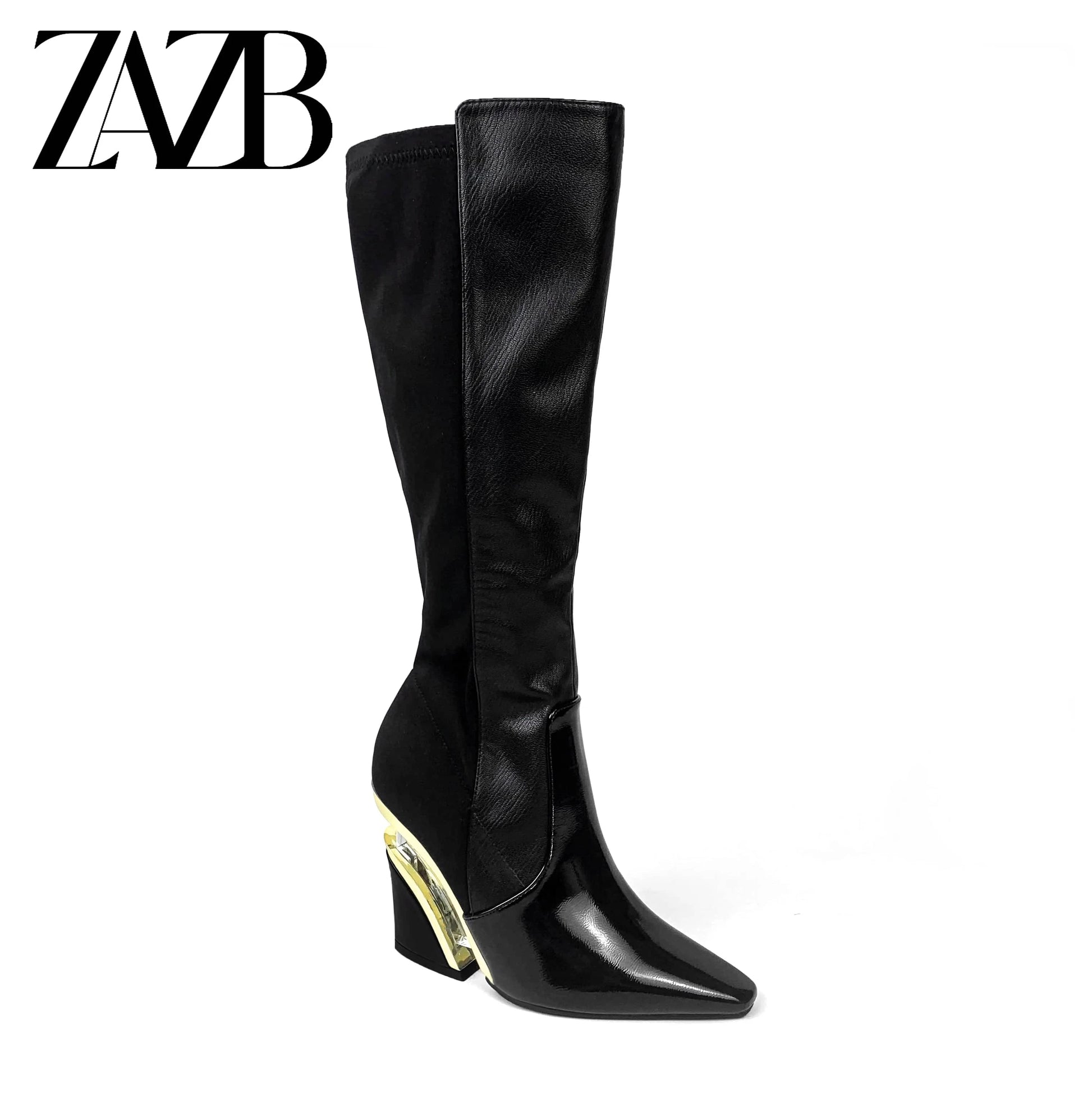ZAZB Autumn and Winter High Leg Knee Boots High Heel Leather Unique Heel Black Knight Boots