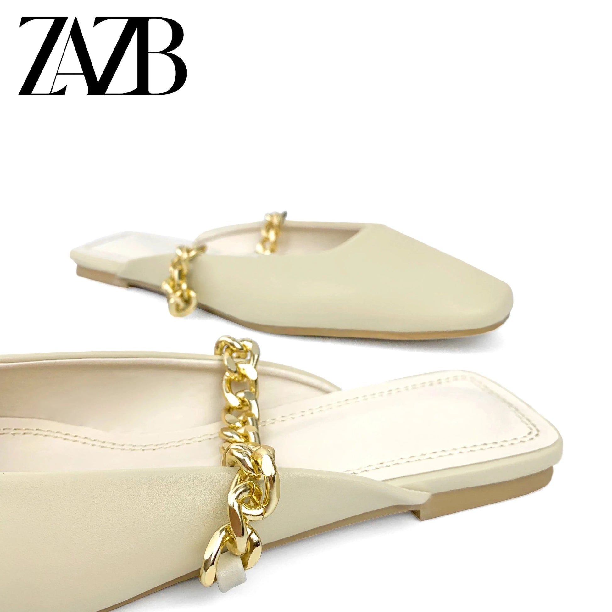 ZAZB brand custom leather for shoes luxury flat sandals and women ladies mules Metal Chain chaussures pour femmes