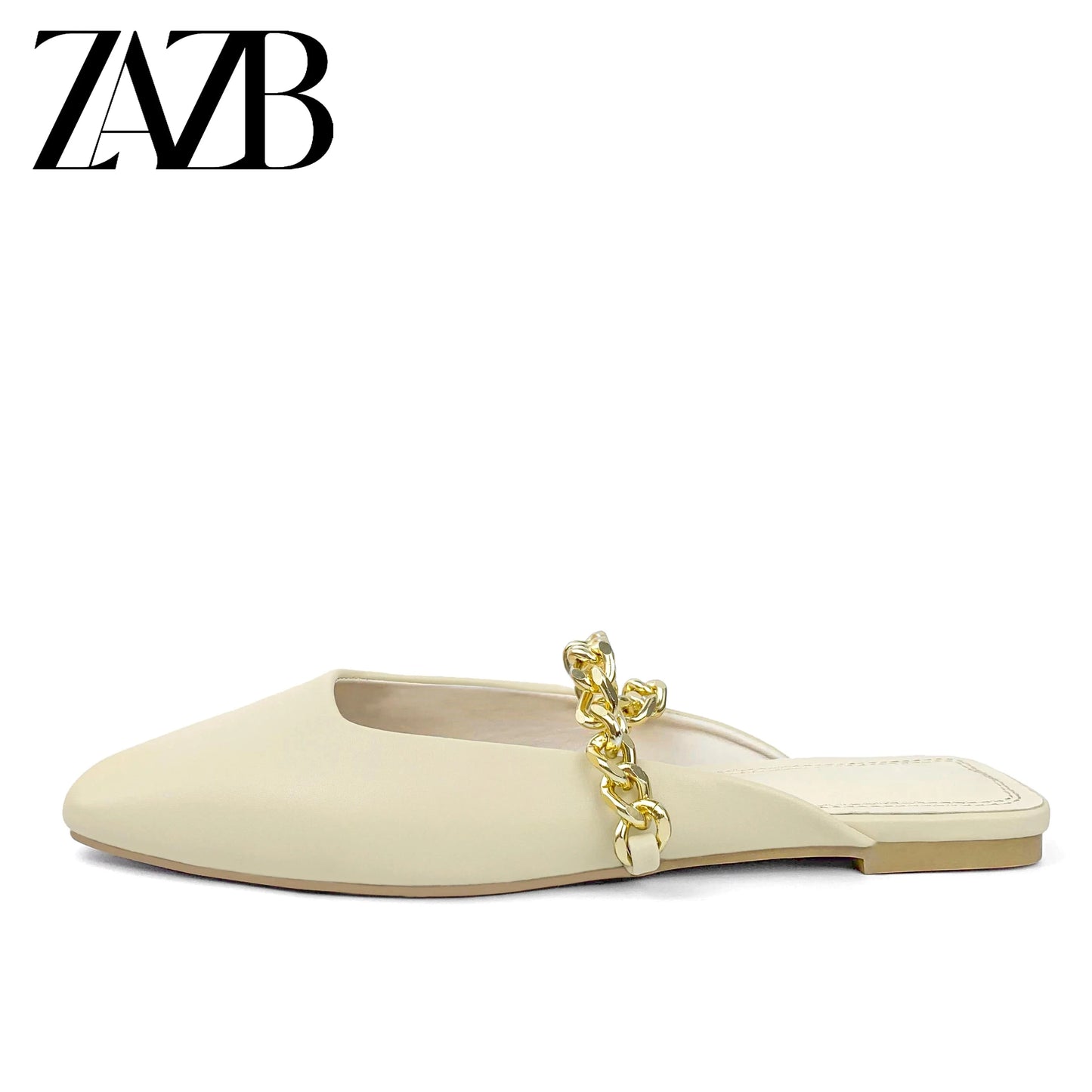 ZAZB brand custom leather for shoes luxury flat sandals and women ladies mules Metal Chain chaussures pour femmes
