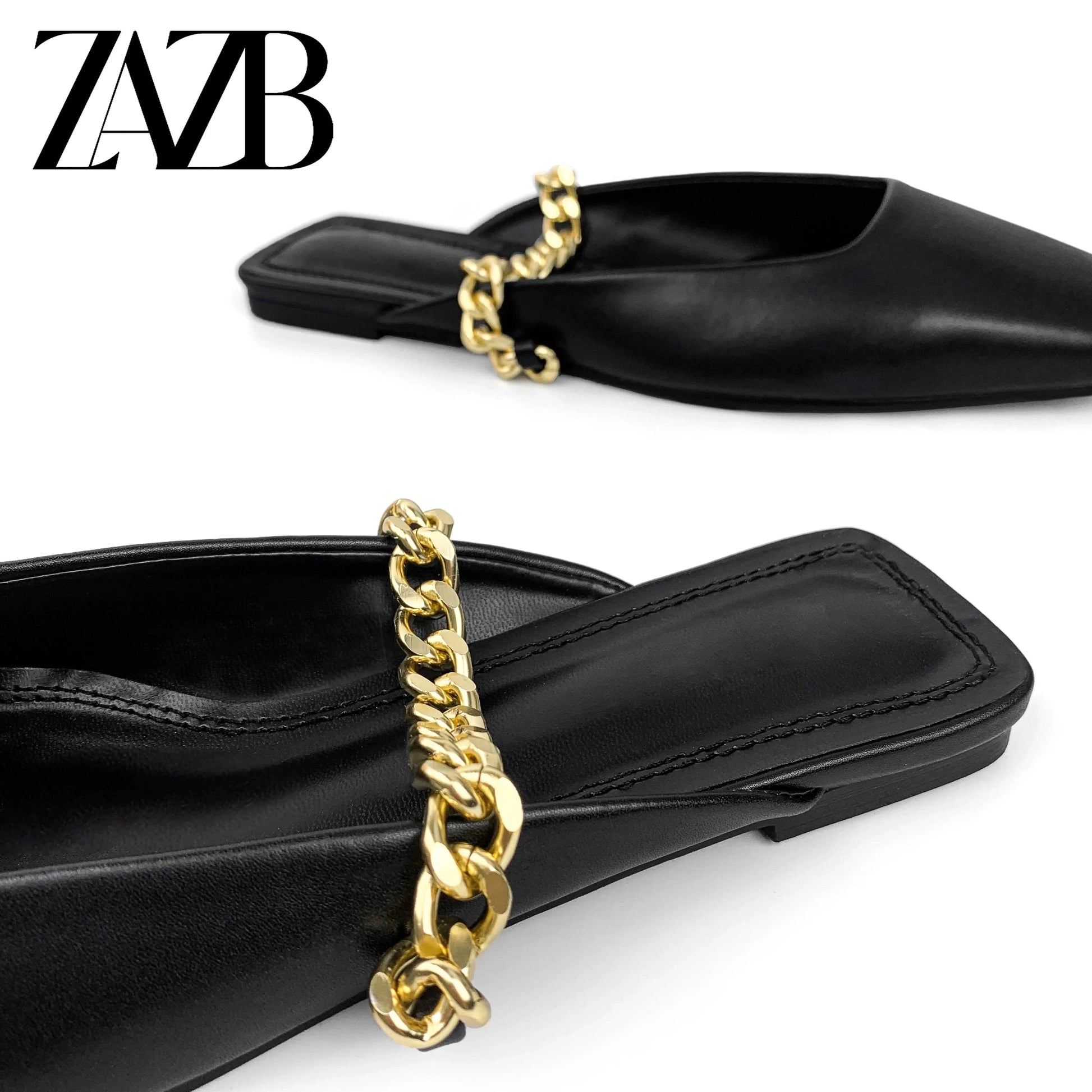 ZAZB brand custom leather for shoes luxury flat sandals and women ladies mules Metal Chain chaussures pour femmes