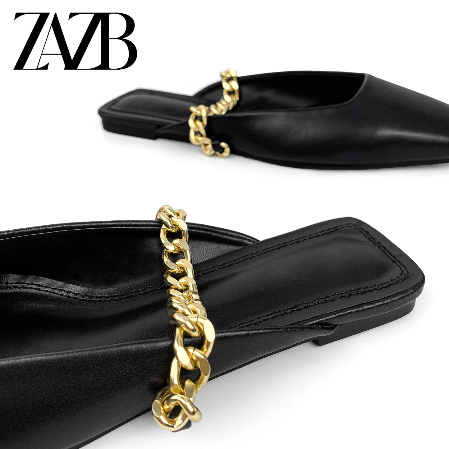 ZAZB brand custom leather for shoes luxury flat sandals and women Metal Chain  ladies mules chaussures pour femmes