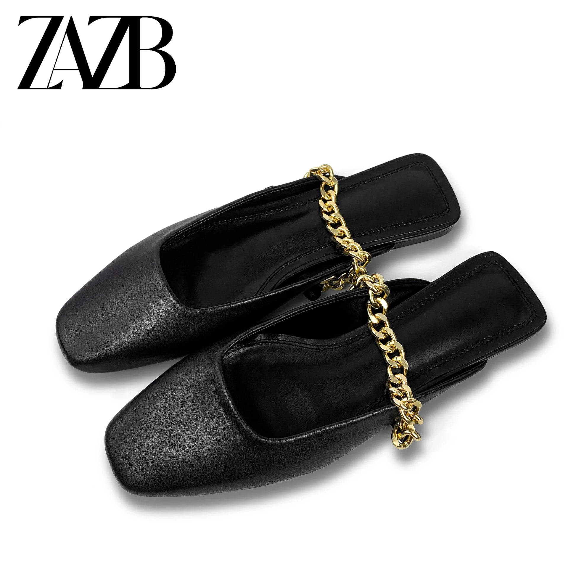 ZAZB brand custom leather for shoes luxury flat sandals and women Metal Chain  ladies mules chaussures pour femmes