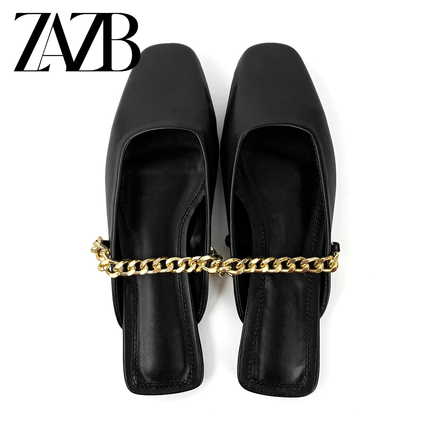 ZAZB brand custom leather for shoes luxury flat sandals and women Metal Chain  ladies mules chaussures pour femmes