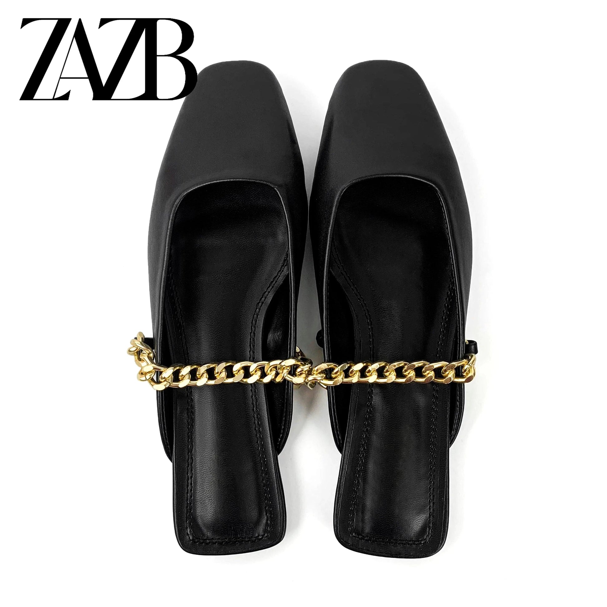ZAZB brand custom leather for shoes luxury flat sandals and women Metal Chain  ladies mules chaussures pour femmes