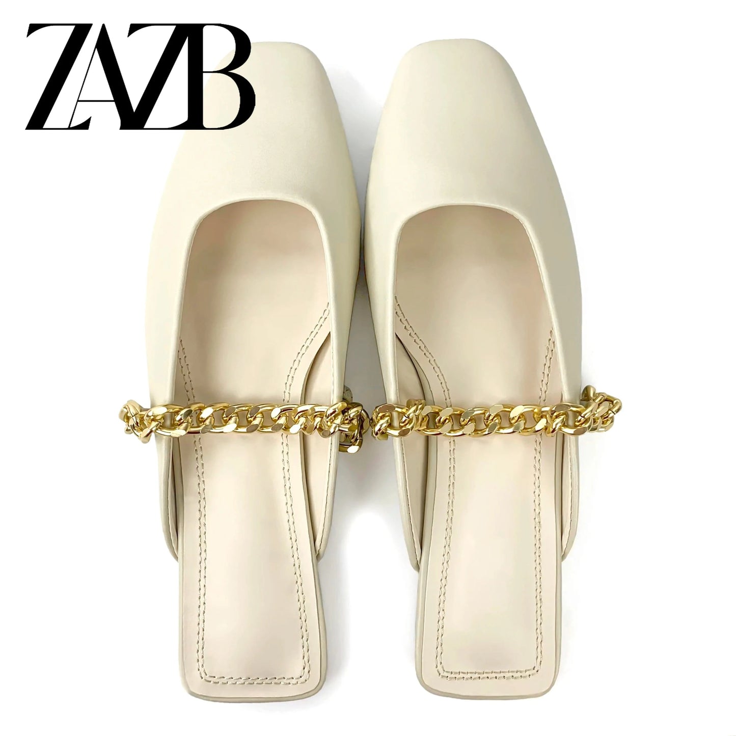 ZAZB brand custom leather for shoes luxury flat sandals and women Metal Chain  ladies mules chaussures pour femmes