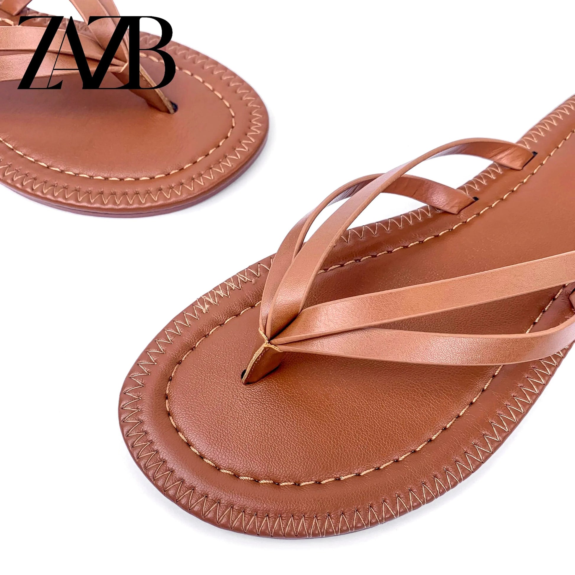 ZAZB brand customized leather brown herringbone slippers for women's luxury slippers for women