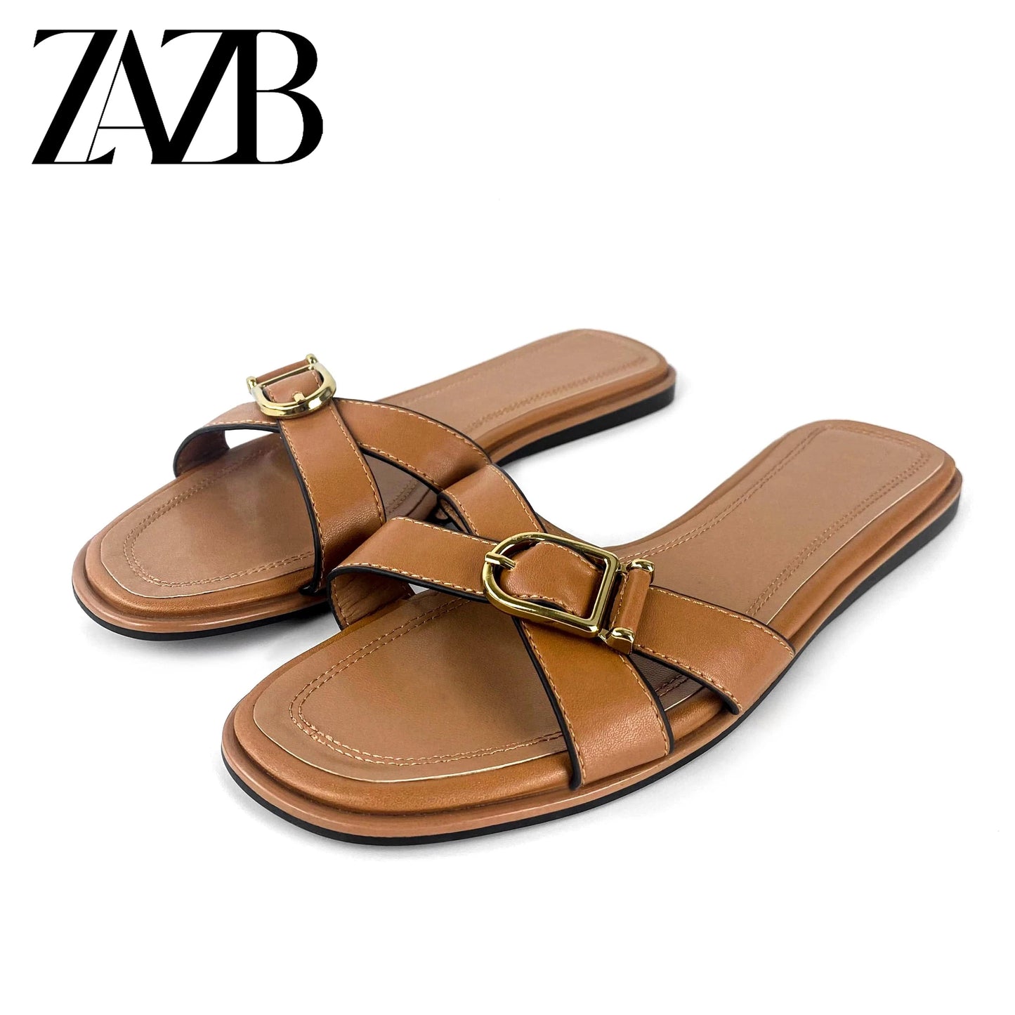 ZAZB Brand Customized Leather Metal Buckle Decoration Women's Slippers Luxury Slippers Wedding Bride Women