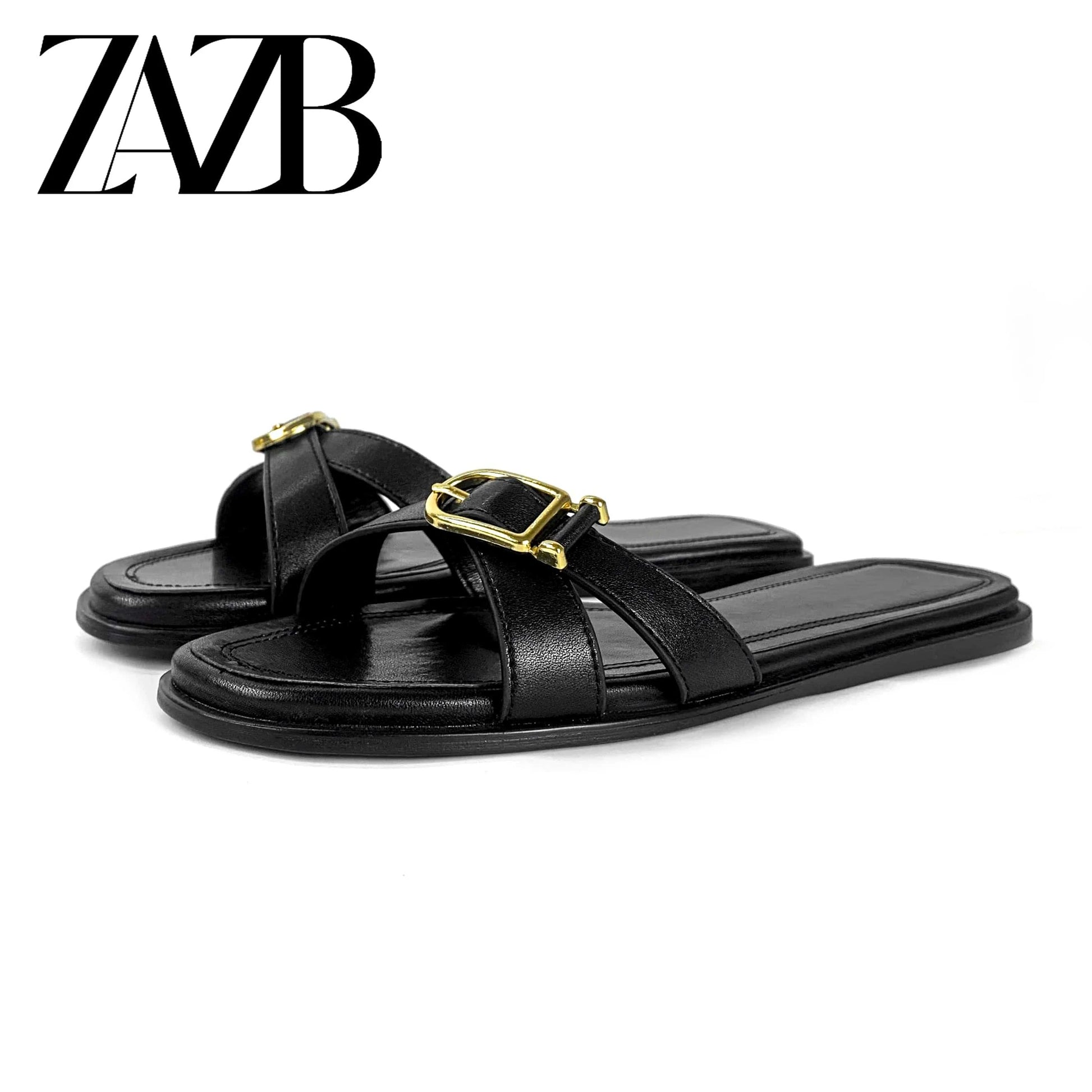 ZAZB Brand Customized Leather Metal Buckle Decoration Women's Slippers Luxury Slippers Wedding Bride Women